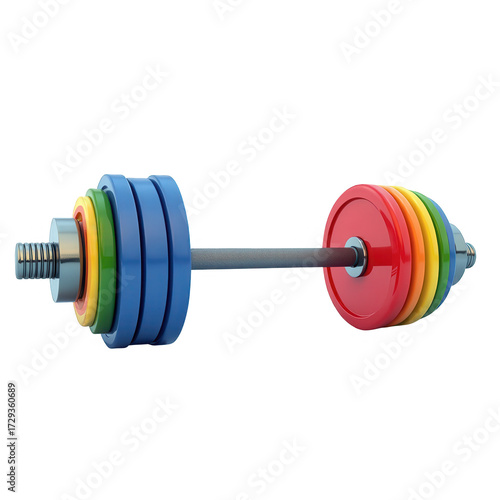 A brightly colored barbell showcases a vibrant assortment of weight plates, demonstrating a full spectrum of the rainbow, while being isolated against a stark black background, implying fitness and...