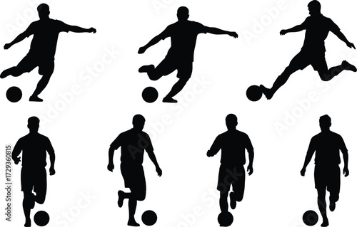 Professional male soccer player silhouette in various action poses with ball for sports and football concepts vector illustration