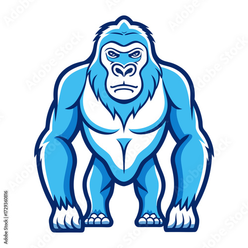 Powerful blue gorilla mascot character standing aggressively upright