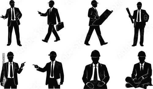 Professional male engineer silhouette in various poses with blueprints and hard hat for construction and architecture concepts vector illustration