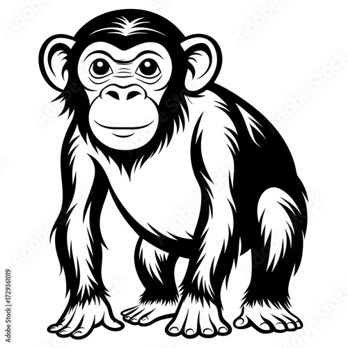 Monochrome cartoon illustration of a baby chimpanzee sitting upright