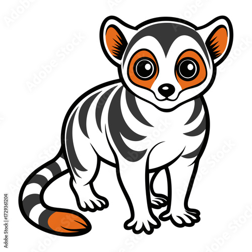 Cartoon lemur with stripes and large eyes looking forward