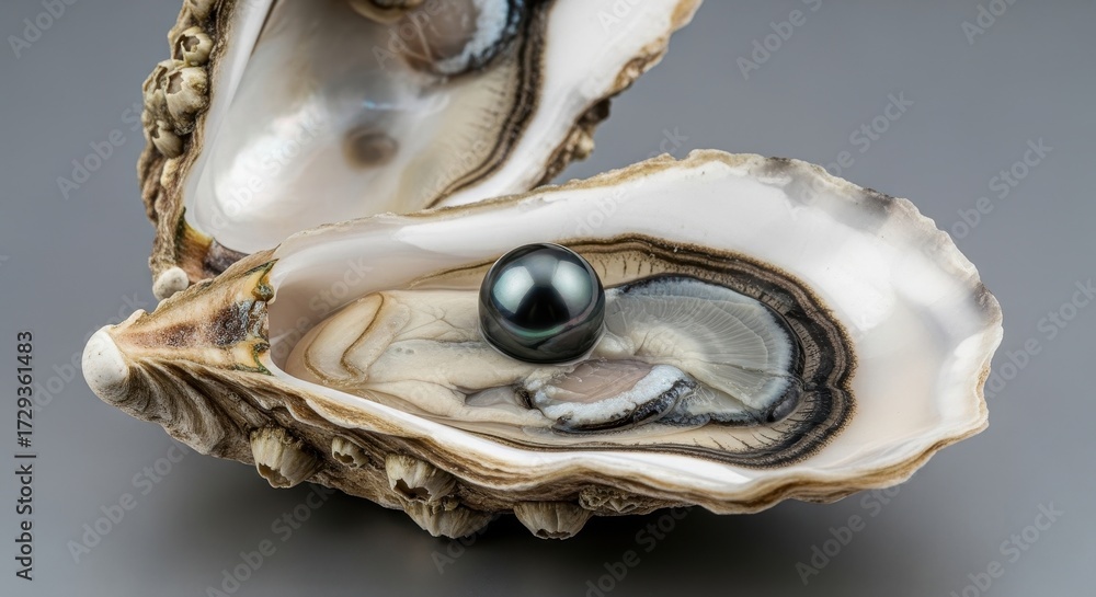 Naklejka premium Exquisite Black Pearl Nestled Within an Open Oyster Shell Revealing Natural Beauty and Rarity