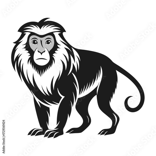 Stylized black and white lion-tailed macaque vector illustration