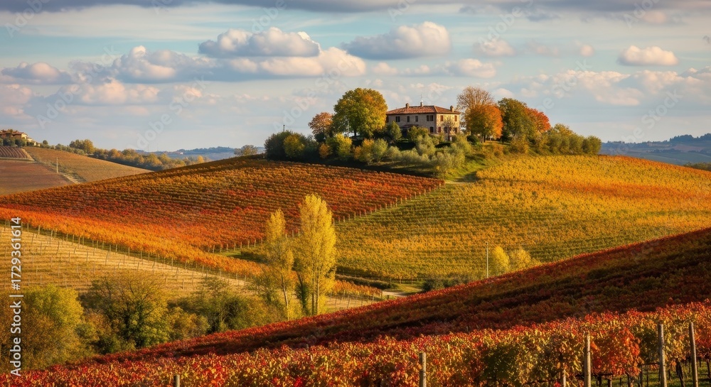 Fototapeta premium Autumnal Landscape Overlooking Rolling Hills And Vineyard Estate