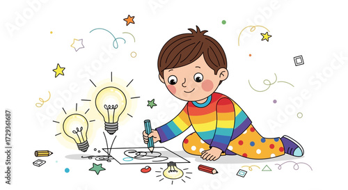 Kid with colored clothes drawing light bulbs, idea, creativity, and innovation concept