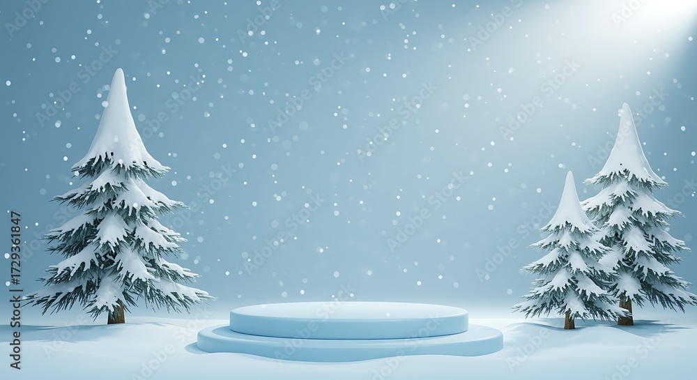 Obraz premium Snow covered trees and podium winter blue