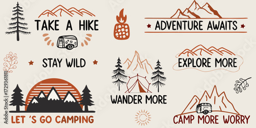 Collection of hand drawn outdoor adventure and camping slogans with mountain and tree illustrations