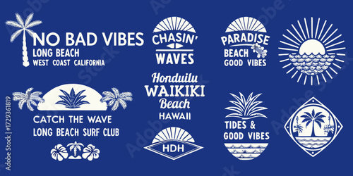 Collection of retro surf and beach themed graphic design elements with palm trees waves and sun illustrations