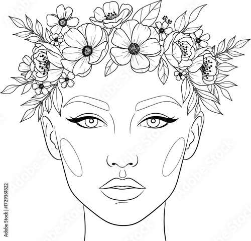 Black and white line art of stylized face with poppy floral crown, symmetrical botanical portrait for fashion, beauty, and nature themes