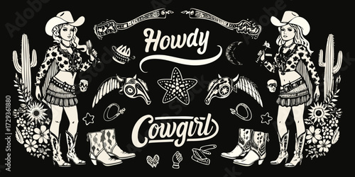 Howdy cowgirl western style illustration with boots cacti and stars on black background
