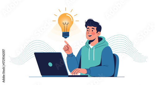 Man Having an Idea While Working on the Laptop, Illustration of Inspiration Concept
