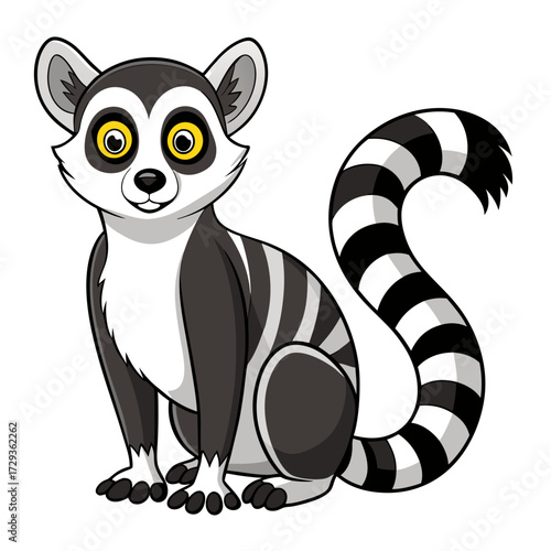 Cartoon lemur sitting, vector illustration of a ringtail animal