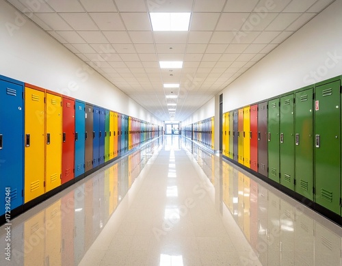 A long, brightly lit school hallway with colorful lockers lining both sides, leading to a distant vanishing point.