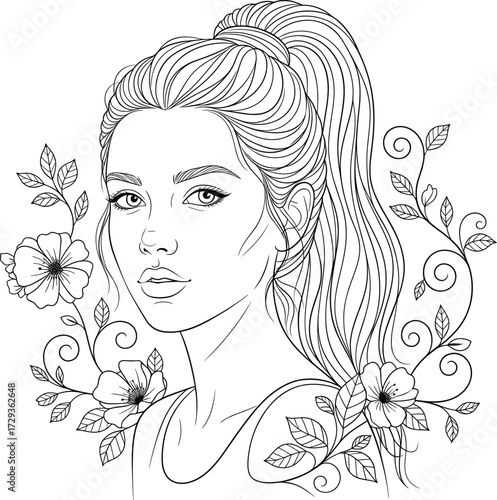 Elegant woman portrait with floral hair design, botanical elements, black and white line art for coloring, tattoo, and fashion themes