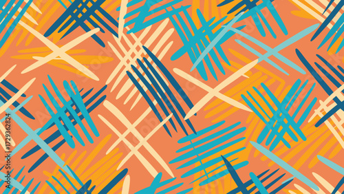 Energetic abstract crisscross doodle pattern with bold teal and orange hues