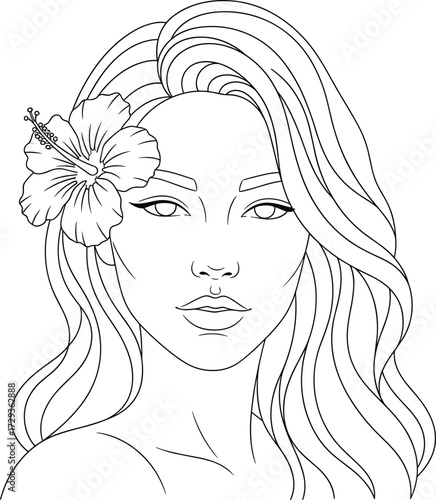 Stylized woman portrait with hibiscus flower, elegant line art in black and white for fashion, beauty, and tropical themes