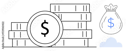 Coin stacks with a money bag symbolize finance, saving, and business concepts. Ideal for money management, banking, investment, financial planning, budgeting wealth digital economy. Simple flat
