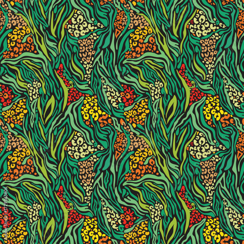 
Colorful abstract repeating jungle pattern featuring vibrant green leaves and multi-colored splashes resembling flowers or animal spots.
