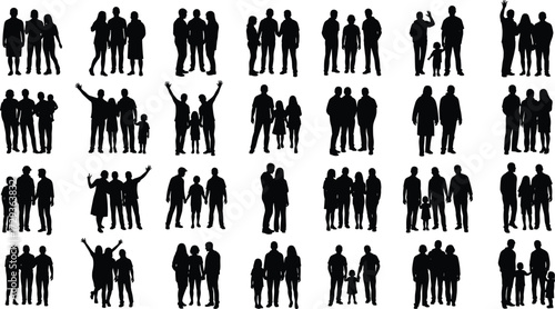 Set of diverse family and friends group silhouettes of men, women and children isolated on a white background, black and white vector illustration