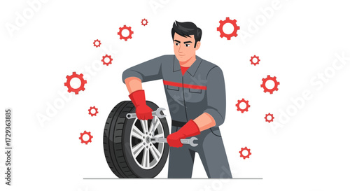 Mechanic Replacing Car Tire with Wrench, Automotive Illustration and Vector