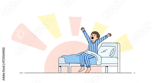 Morning Rituals Depicted: Boy Awakes Stretching in Bed Beneath a Sunrise Illustration