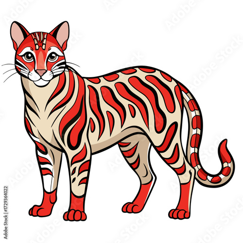 Cartoon Bengal Cat with Red Stripes on White Background
