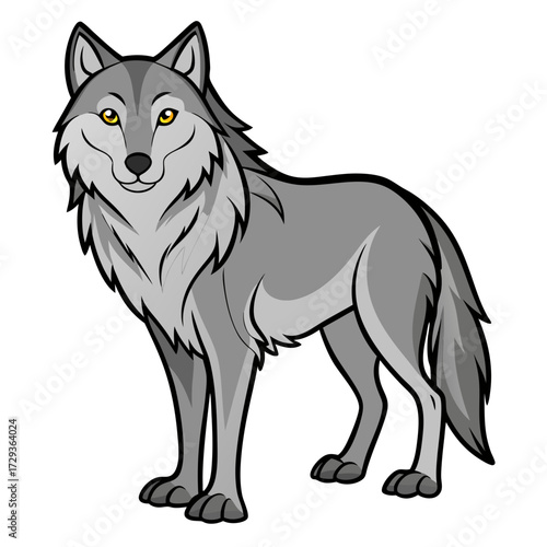 Cartoon wolf illustration standing confidently on a white background
