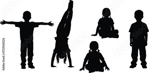 Children silhouette poses, playful and relaxed actions, standing, handstand, sitting, meditation, vector illustration, black graphic, editable art, child icons