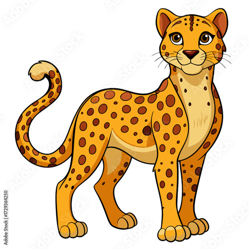 Cartoon cheetah standing and smiling isolated on white background