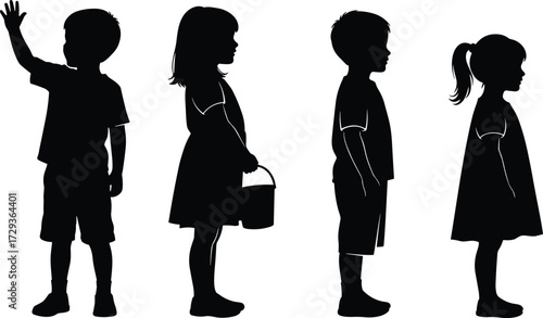 Children silhouette lineup, waving, bucket holding, standing poses, ponytail hairstyle, black graphic, vector illustration, editable icons, school theme