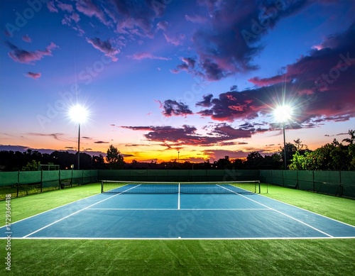 A vibrant tennis court illuminated by bright lights against a colorful sunset sky.