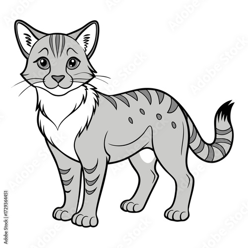 Cartoon grey cat character standing on white background