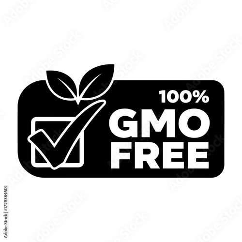 Vector illustration of a black gmo free label with a checkmark and plant leaves symbol above it