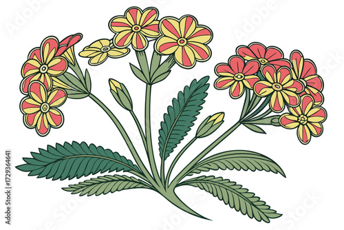  colorful floral arrangement, symmetrical flower composition, vibrant petals, green foliage, natural still life, botanical pattern, textured plant elements, high contrast, studio shot on white backg