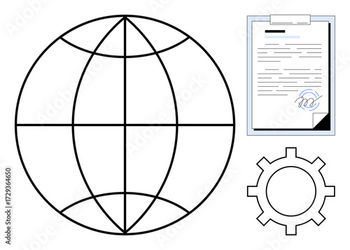 Globe symbol for international reach, clipboard with document for data management, and cogwheel for process optimization. Ideal for global communication, business workflow, management tools, systems