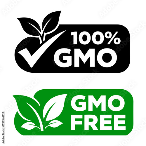 Vector two gmo labels one black with a checkmark and one green with leaves and the word free
