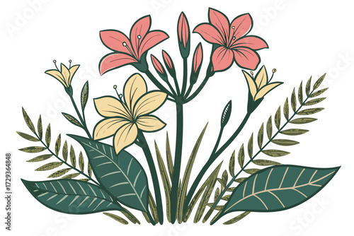  colorful floral arrangement, symmetrical flower composition, vibrant petals, green foliage, natural still life, botanical pattern, textured plant elements, high contrast, studio shot on white backg