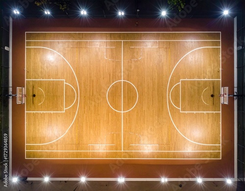 Aerial view of a brightly lit basketball court at night, showcasing the wooden surface.