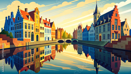 Bruges canal Wallpaper vector, Belgium, medieval cityscape, cultural heritage, European landmark 