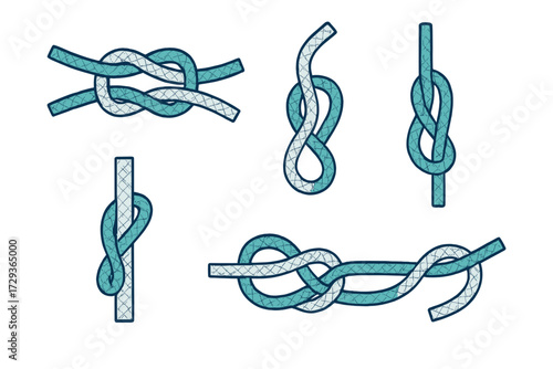 Various rope knots for sailing, climbing, and securing objects, essential for outdoor activities and marine applications