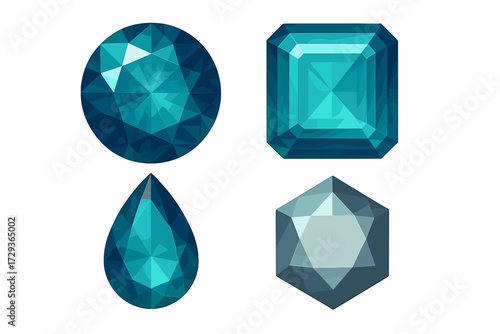 Assortment of brilliant blue and teal colored faceted gemstones including round, pear, square, and hexagonal cuts