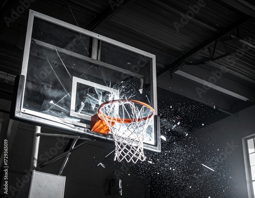 Shattered basketball backboard with glass fragments mid-air after impact, sports concept.