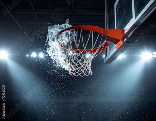 A basketball hoop with water exploding through the net, illuminated by stadium lights.