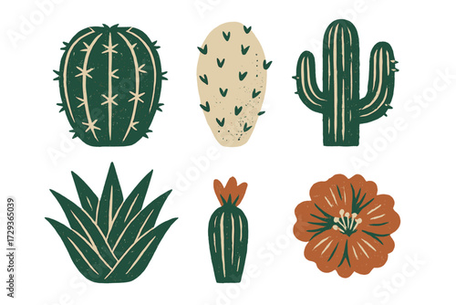Collection of stylized desert plants including various cacti, succulents, and a blooming flower with rustic texture