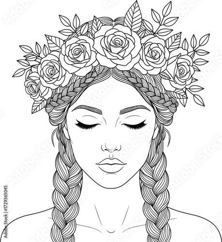 Black and white line art of serene woman with braided hair and rose floral crown, elegant portrait for beauty and nature themes