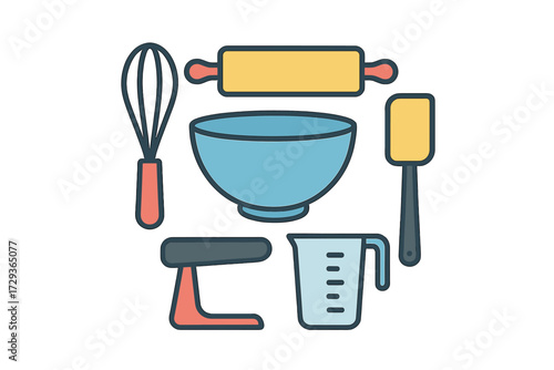 Assortment of essential kitchen tools for baking and cooking including whisk, rolling pin, bowl, and measuring cup