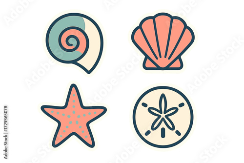 Colorful collection of stylized marine life elements featuring various seashells, a starfish, and a sand dollar