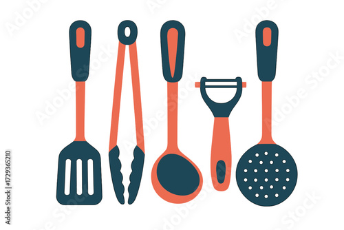 Assortment of essential kitchen cooking tools and utensils including a spatula, tongs, ladle, peeler, and slotted spoon