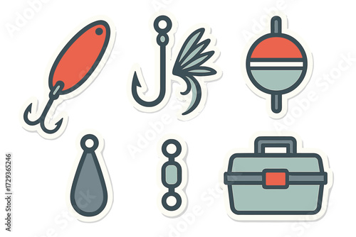Comprehensive collection of essential fishing tackle equipment including a lure, hook, bobber, sinker, swivel, and a tackle box for various angling activities
